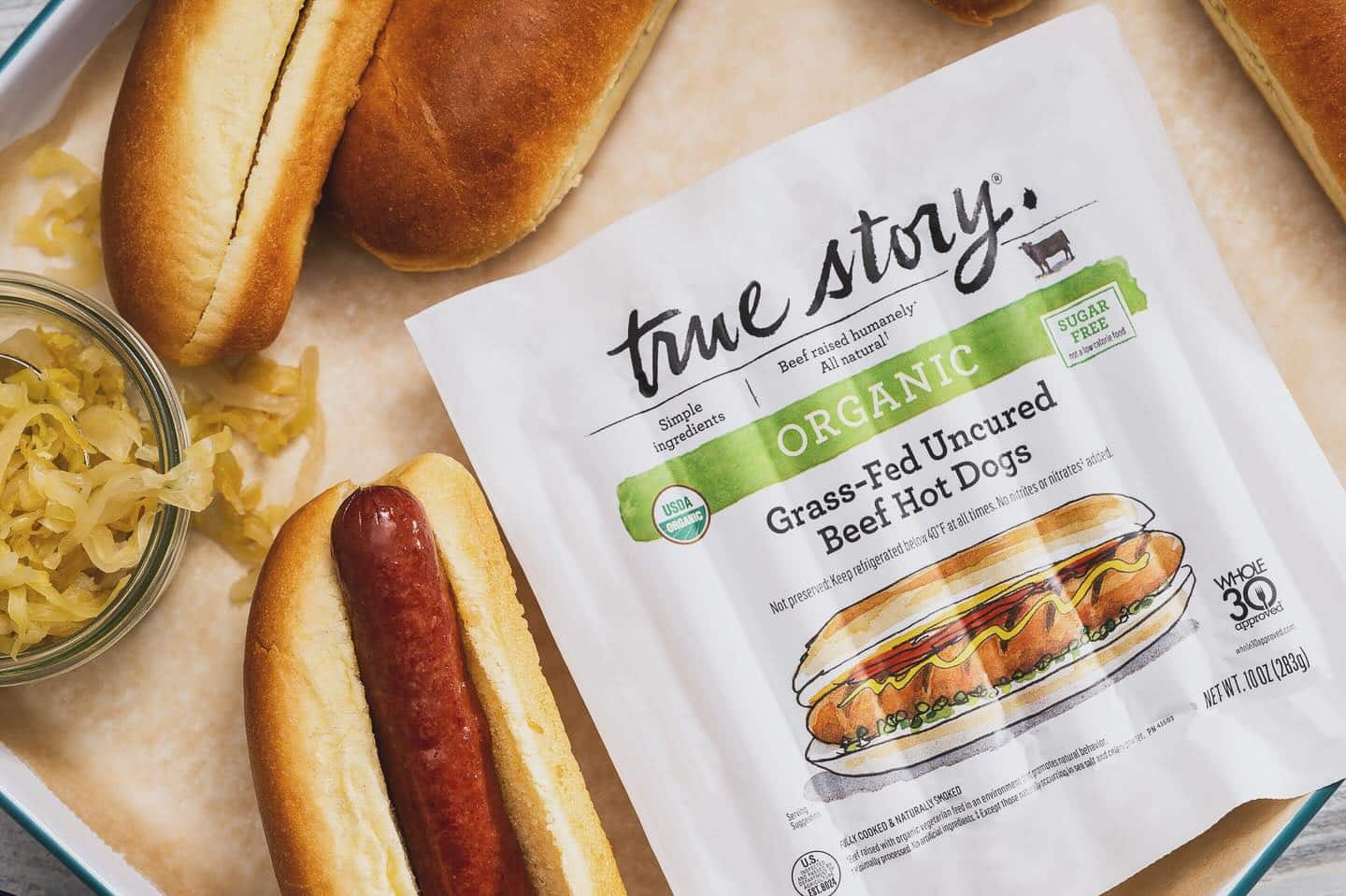 True Story Foods grass-fed uncured beef hot dog